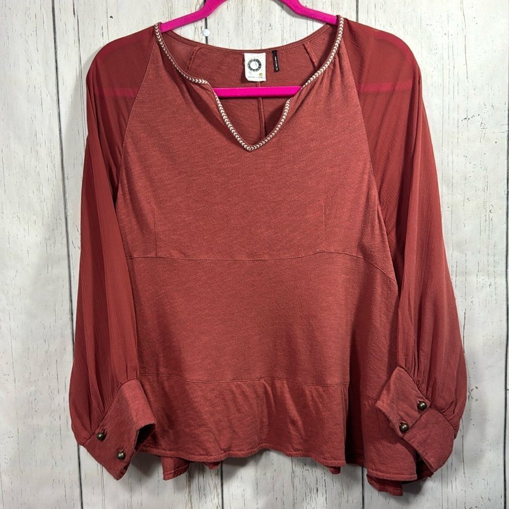 Akemi + Kin Anthropologie Fenn Embroidered Split Neck Dolman Sleeves Top Blouse